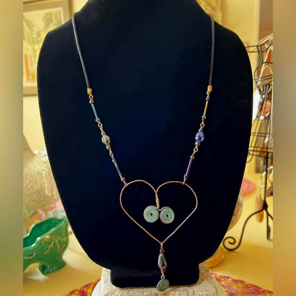 Bohemian Open Heart Wire Metalwork w/Iridescent Glass Beading